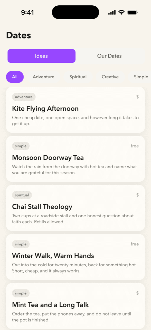 The Bexhearts date library: date ideas tagged by category and cost, including Kite Flying Afternoon and Chai Stall Theology.