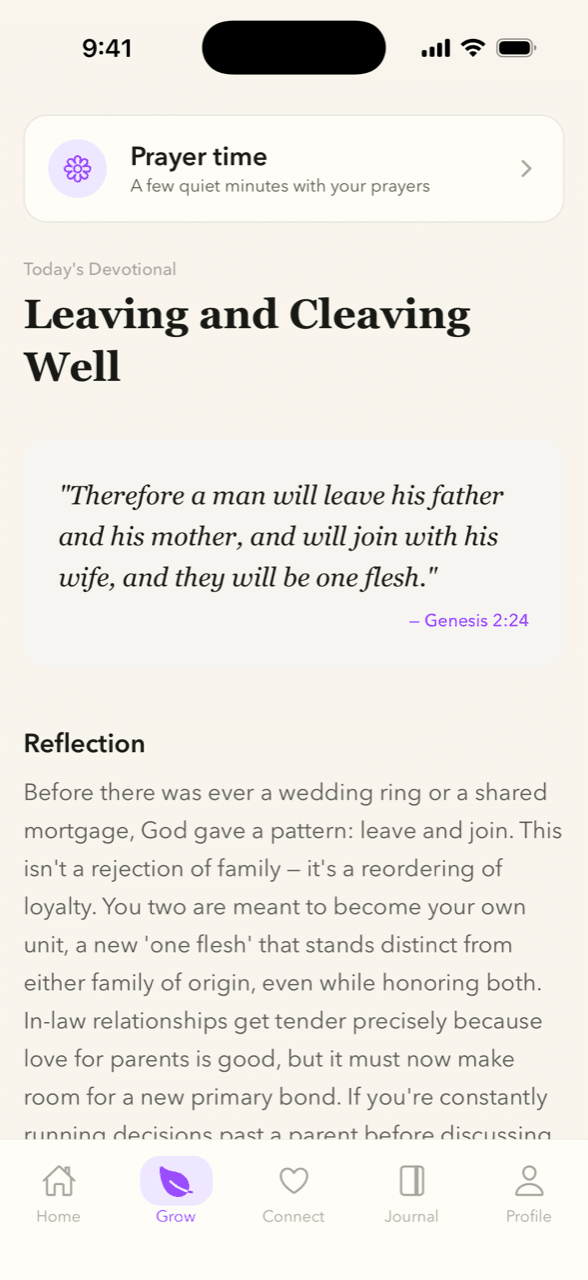 Today's Bexhearts devotional, Leaving and Cleaving Well, showing Genesis 2:24 and the reflection couples read together.