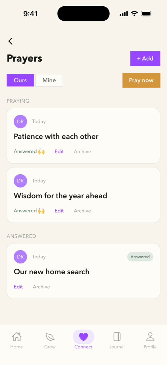 The shared prayer journal in Bexhearts, split into Praying and Answered sections.